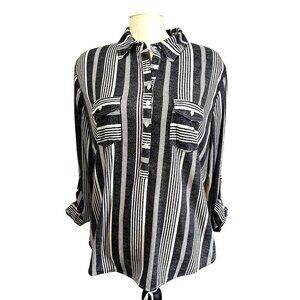 Love Potion Blue & White Striped Long Sleeve Shirt Sz 2XL Womens Plus Half Butto